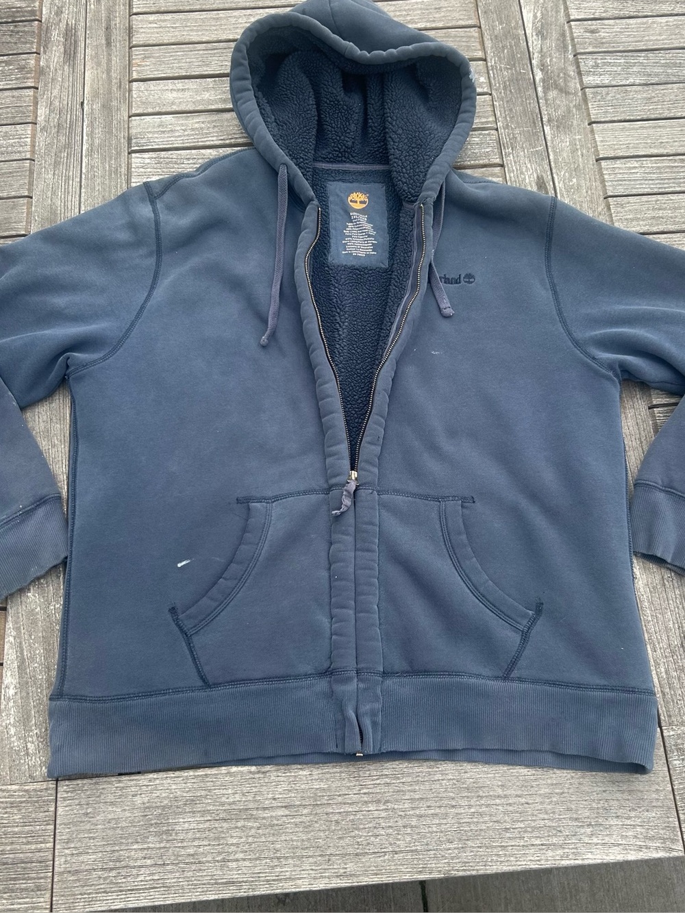 Timberland Faded Blue Sherpa Lined Workwear Zip Up Jacket 2XL Distressed Grunge